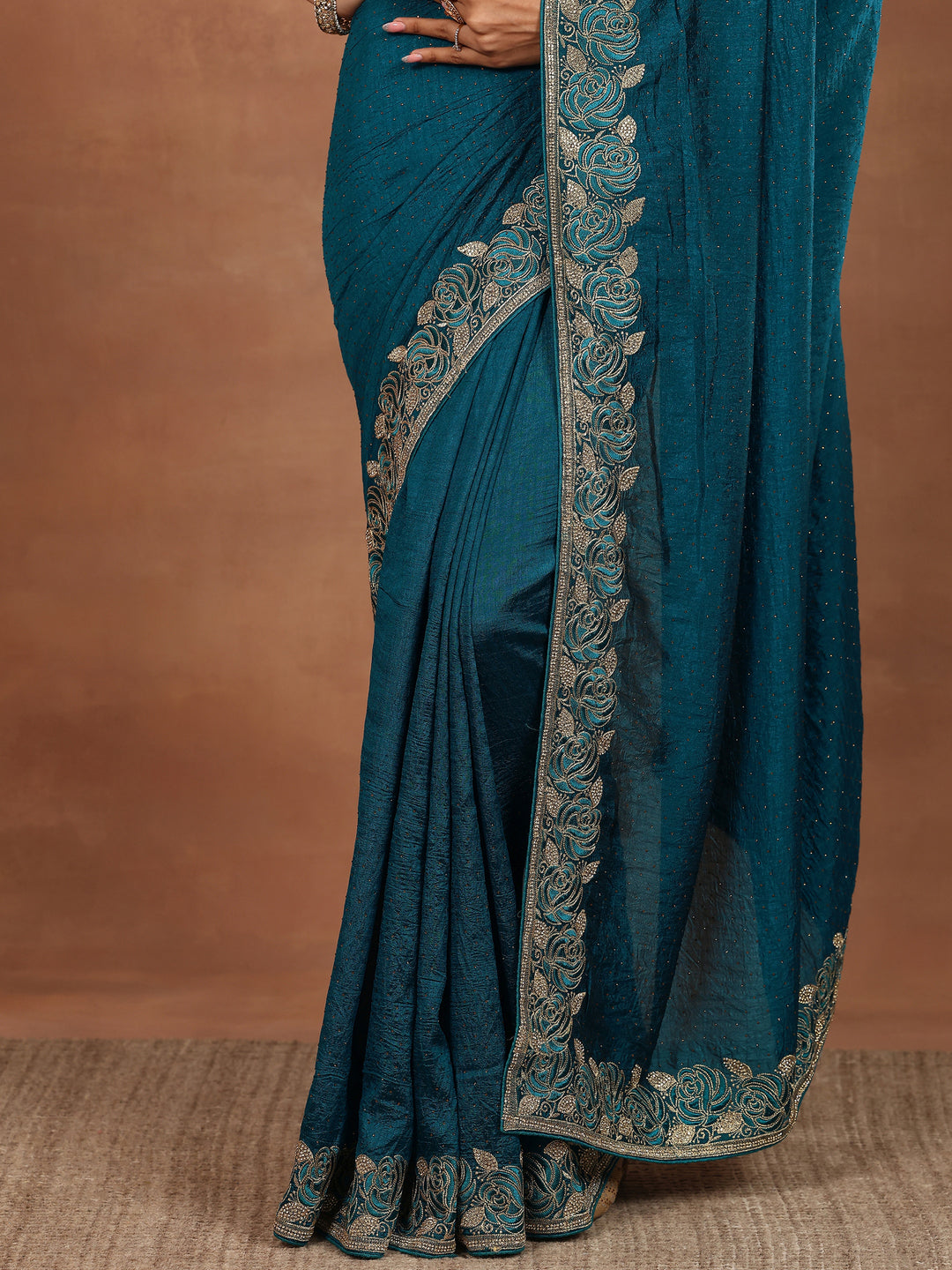 Blue Embellished Silk Blend Sarees With Unstitched Blouse Piece