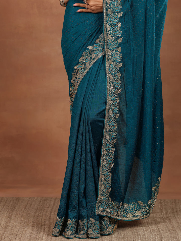 Blue Embellished Silk Blend Sarees With Unstitched Blouse Piece