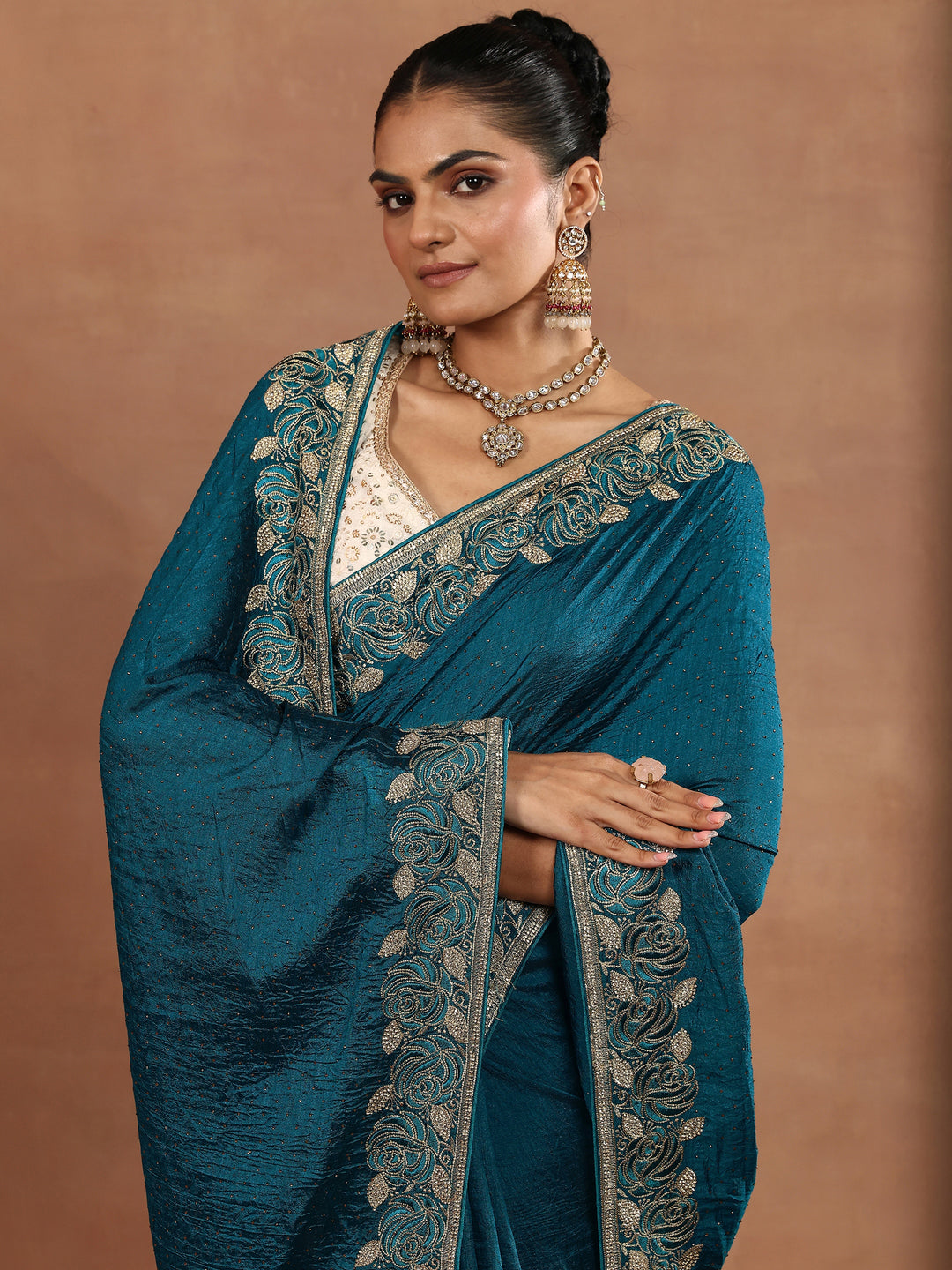 Blue Embellished Silk Blend Sarees With Unstitched Blouse Piece
