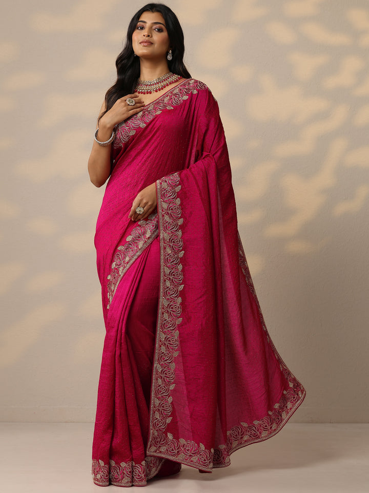 Pink Embellished Silk Blend Sarees With Unstitched Blouse Piece