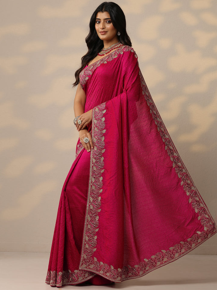 Pink Embellished Silk Blend Sarees With Unstitched Blouse Piece
