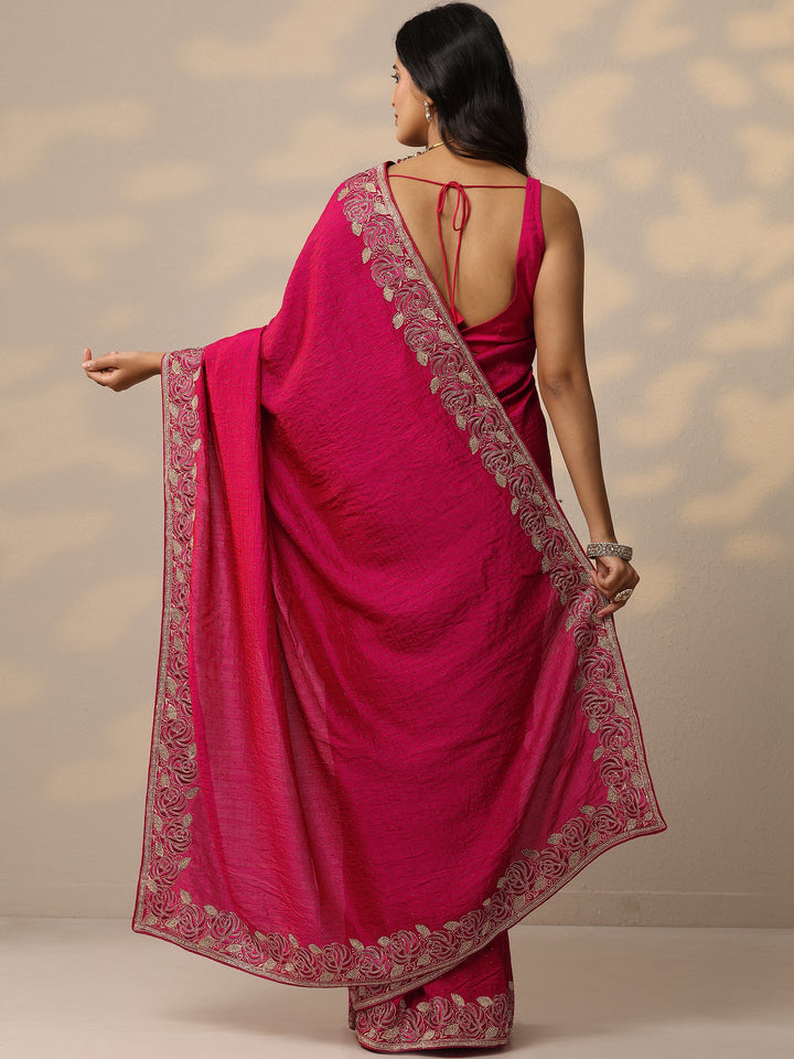 Pink Embellished Silk Blend Sarees With Unstitched Blouse Piece