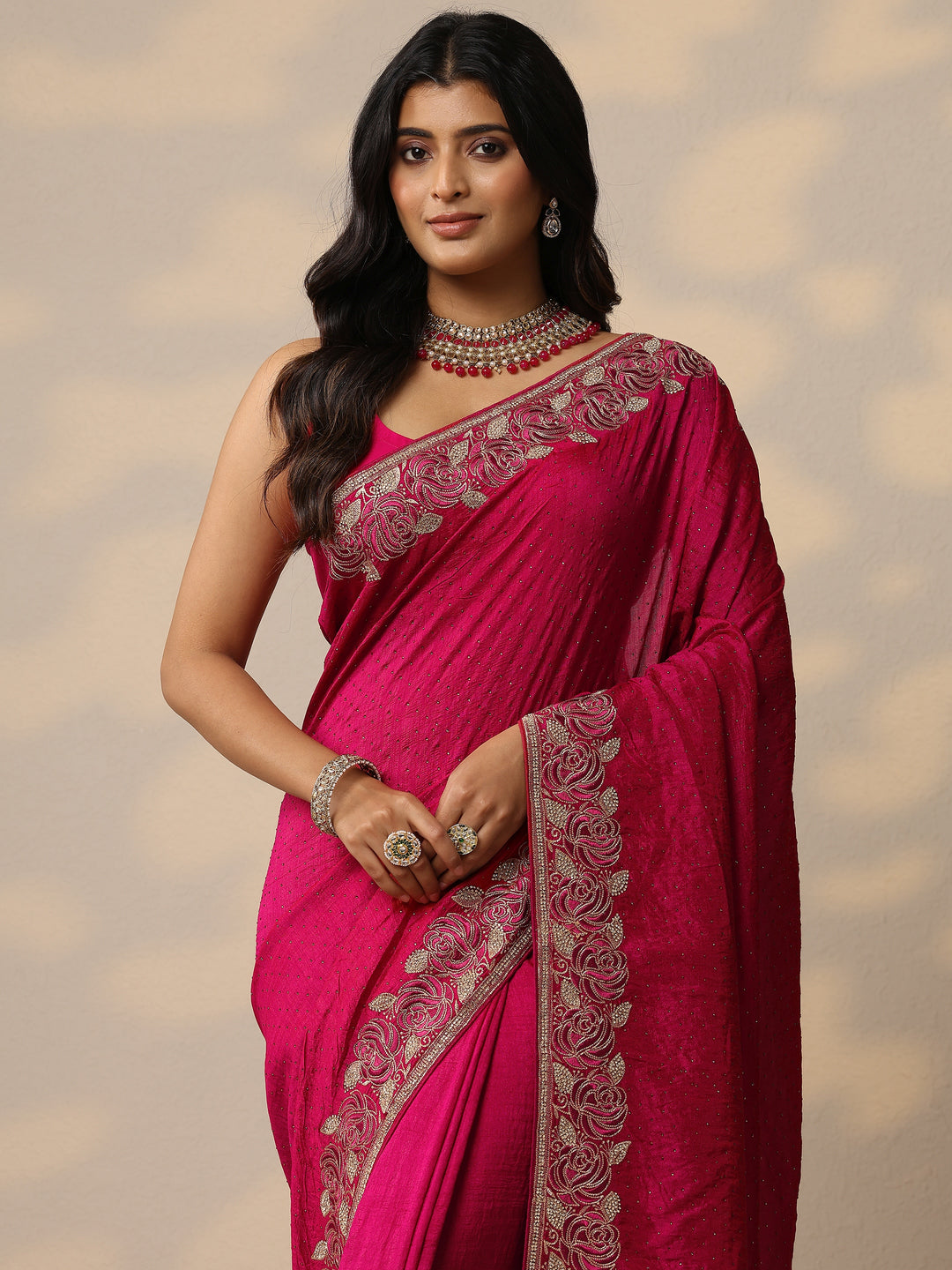 Pink Embellished Silk Blend Sarees With Unstitched Blouse Piece