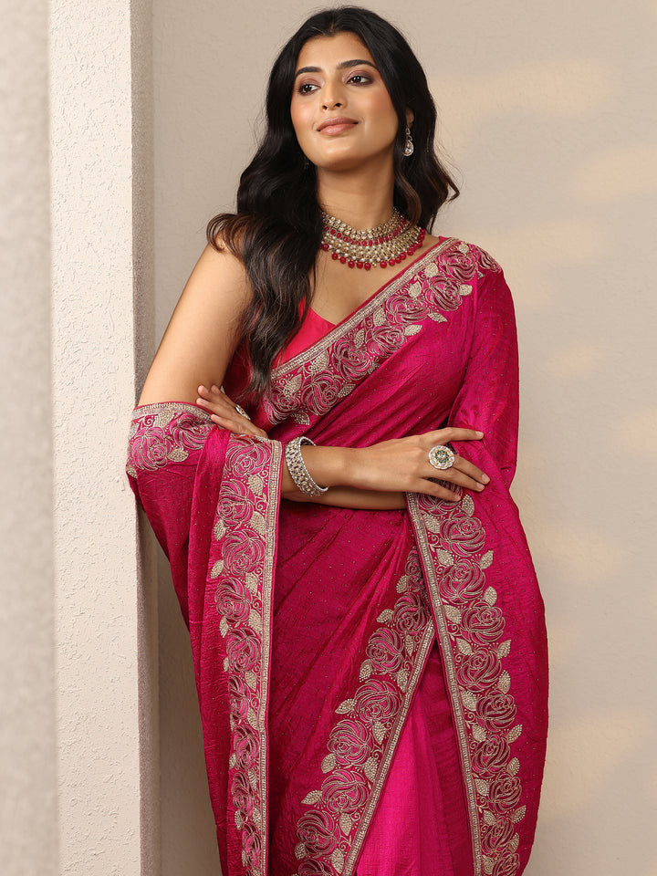 Pink Embellished Silk Blend Sarees With Unstitched Blouse Piece