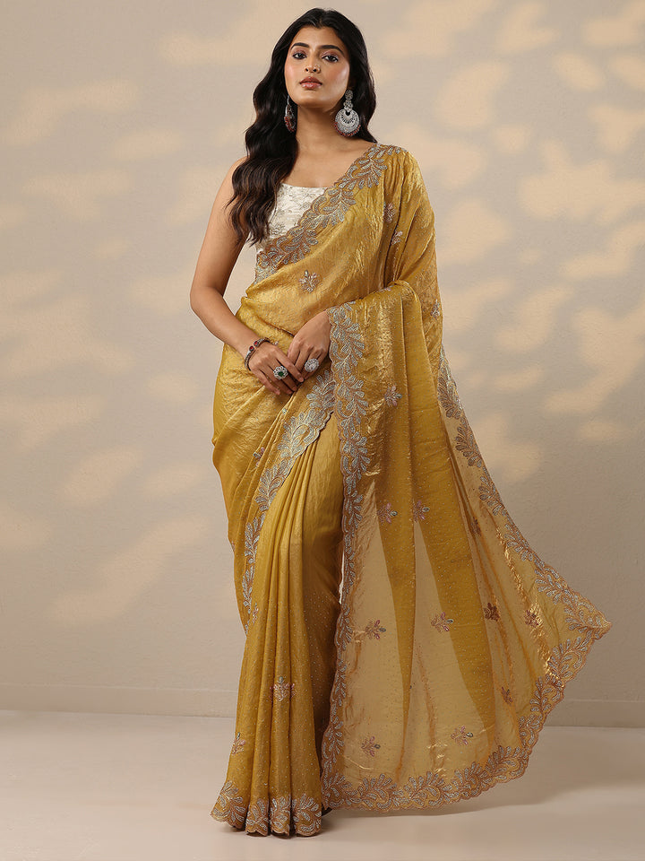 Mustard Embellished Organza Sarees With Unstitched Blouse Piece