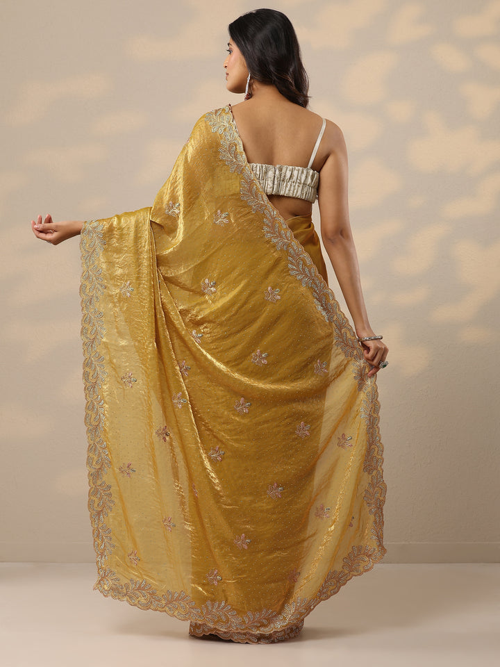 Mustard Embellished Organza Sarees With Unstitched Blouse Piece