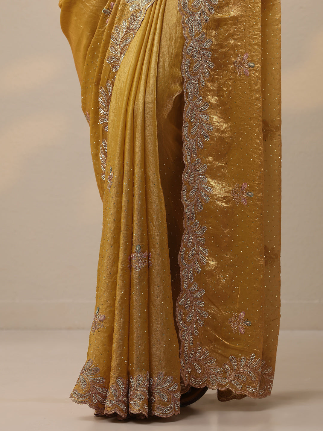 Mustard Embellished Organza Sarees With Unstitched Blouse Piece