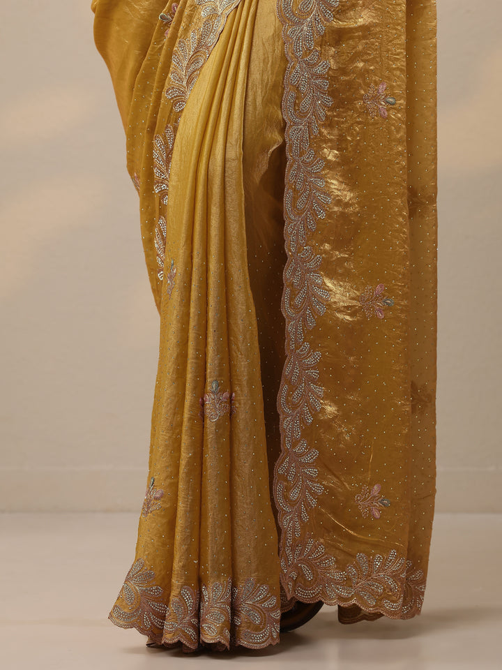 Mustard Embellished Organza Sarees With Unstitched Blouse Piece