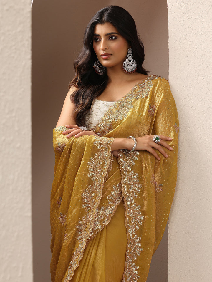 Mustard Embellished Organza Sarees With Unstitched Blouse Piece