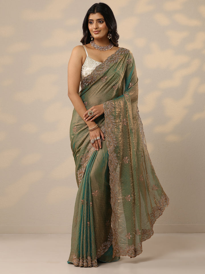 Green Embellished Organza Sarees With Unstitched Blouse Piece