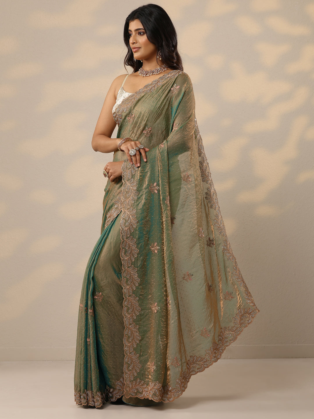 Green Embellished Organza Sarees With Unstitched Blouse Piece