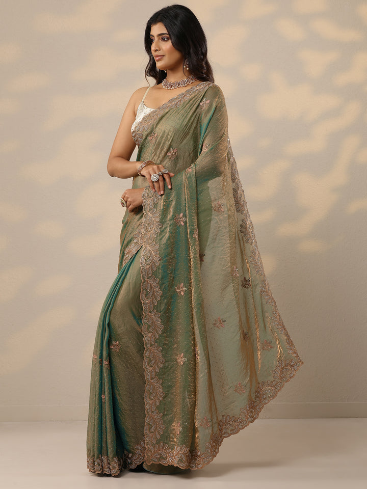 Green Embellished Organza Sarees With Unstitched Blouse Piece