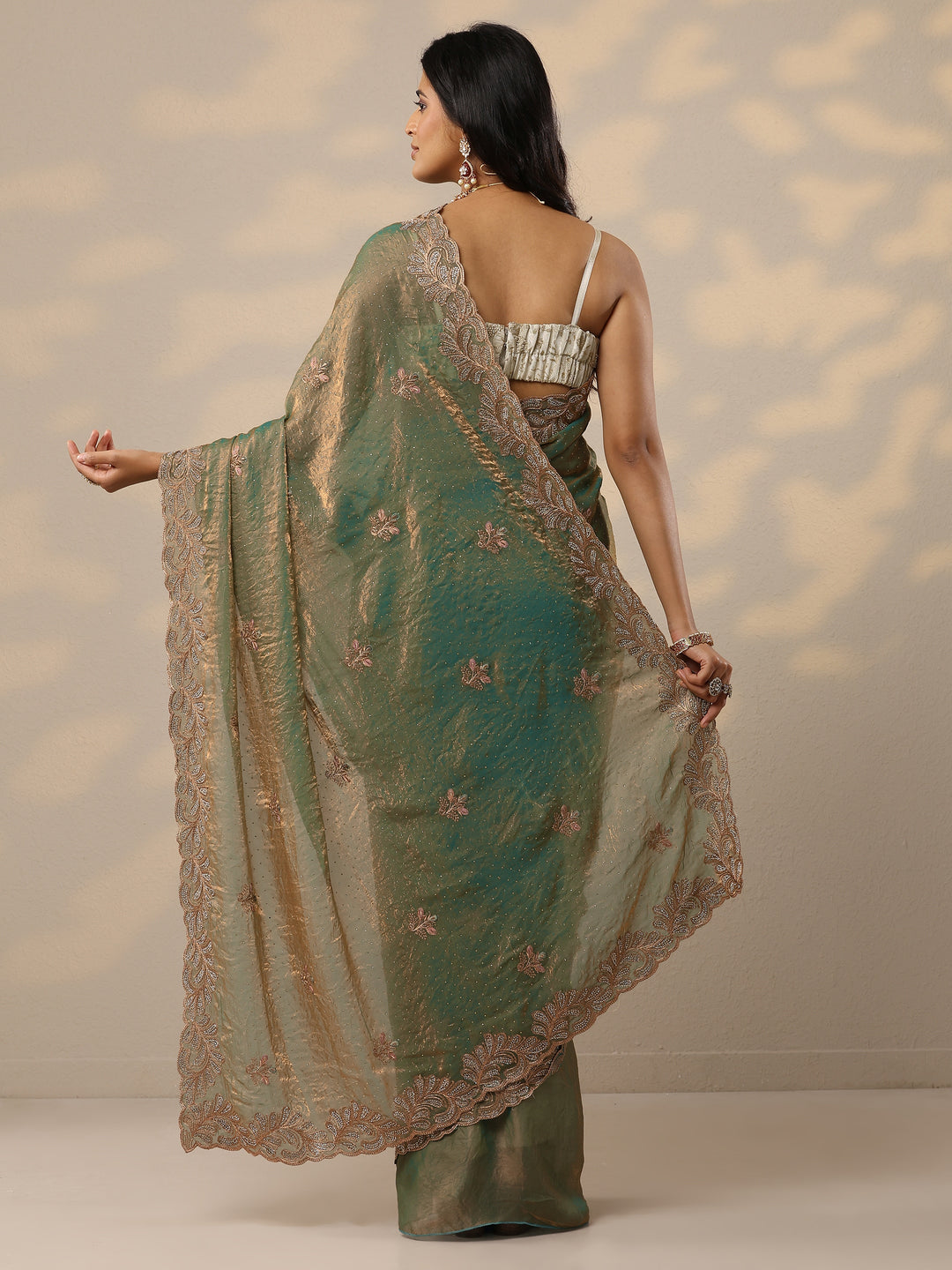Green Embellished Organza Sarees With Unstitched Blouse Piece