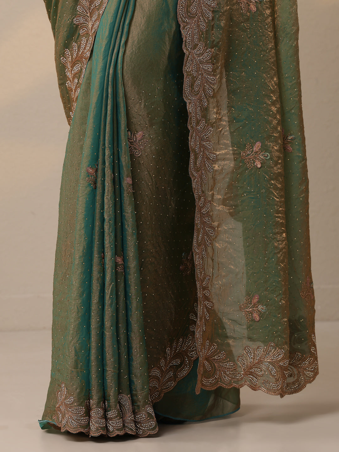 Green Embellished Organza Sarees With Unstitched Blouse Piece
