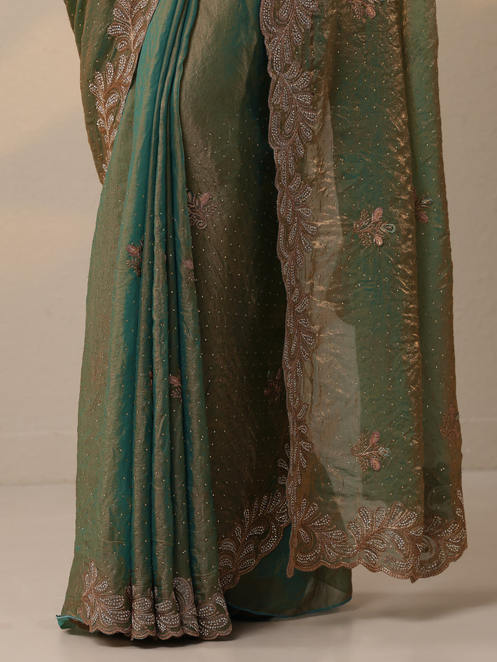Green Embellished Organza Sarees With Unstitched Blouse Piece