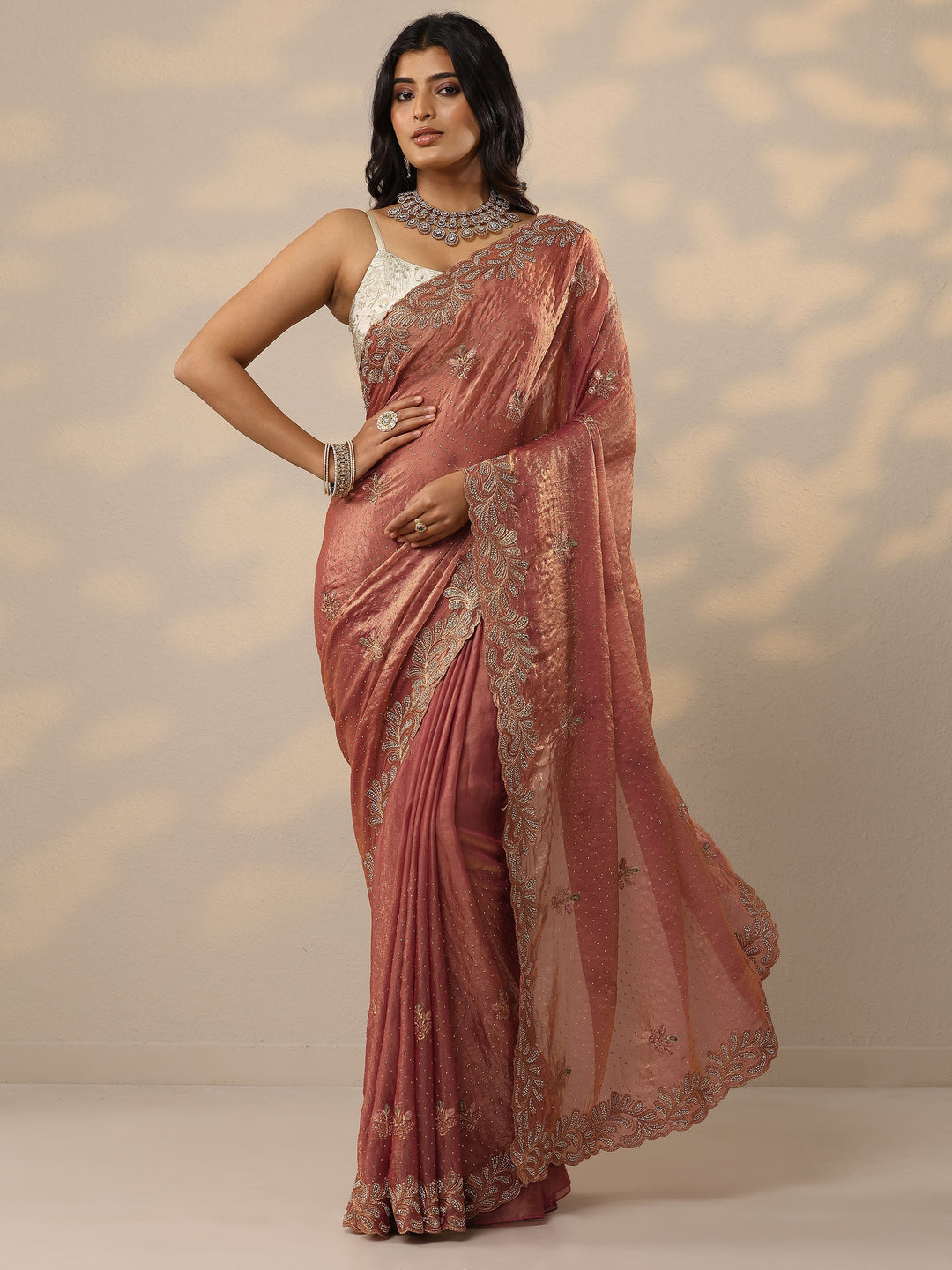 Peach Embellished Organza Sarees With Unstitched Blouse Piece