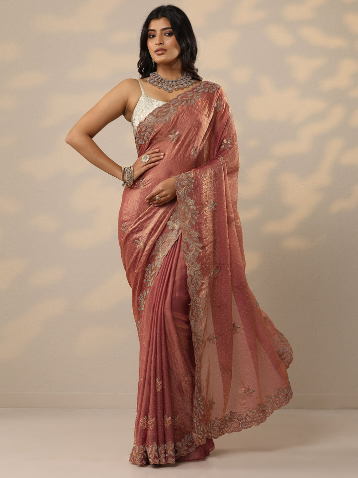 Peach Embellished Organza Sarees With Unstitched Blouse Piece