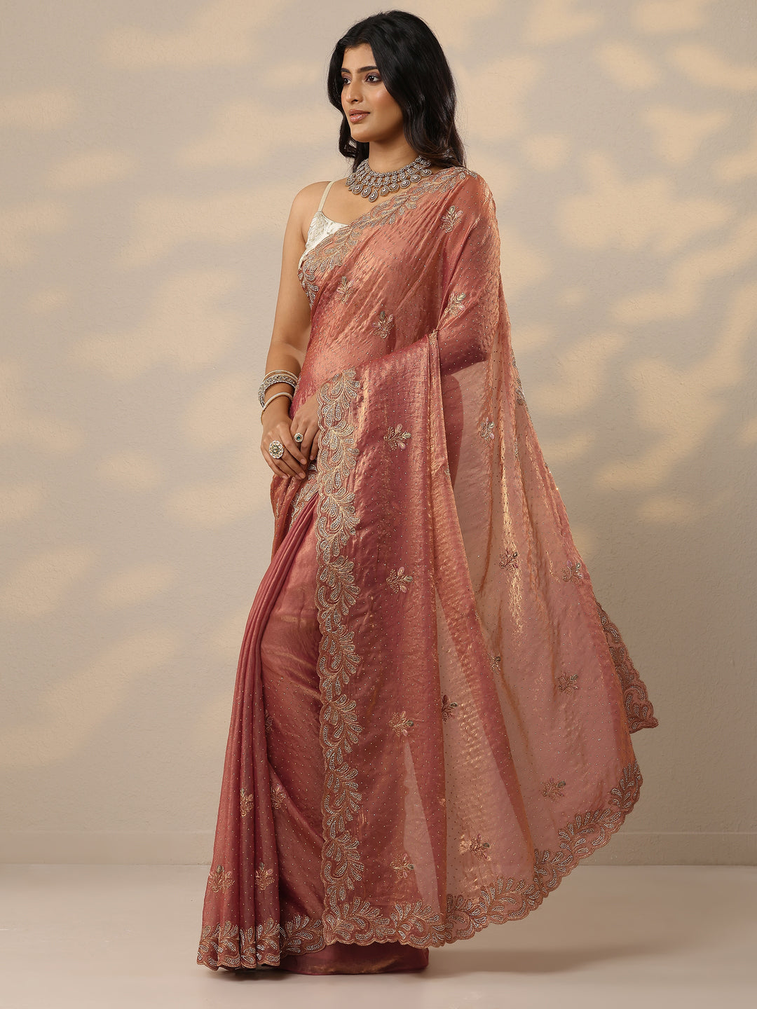 Peach Embellished Organza Sarees With Unstitched Blouse Piece