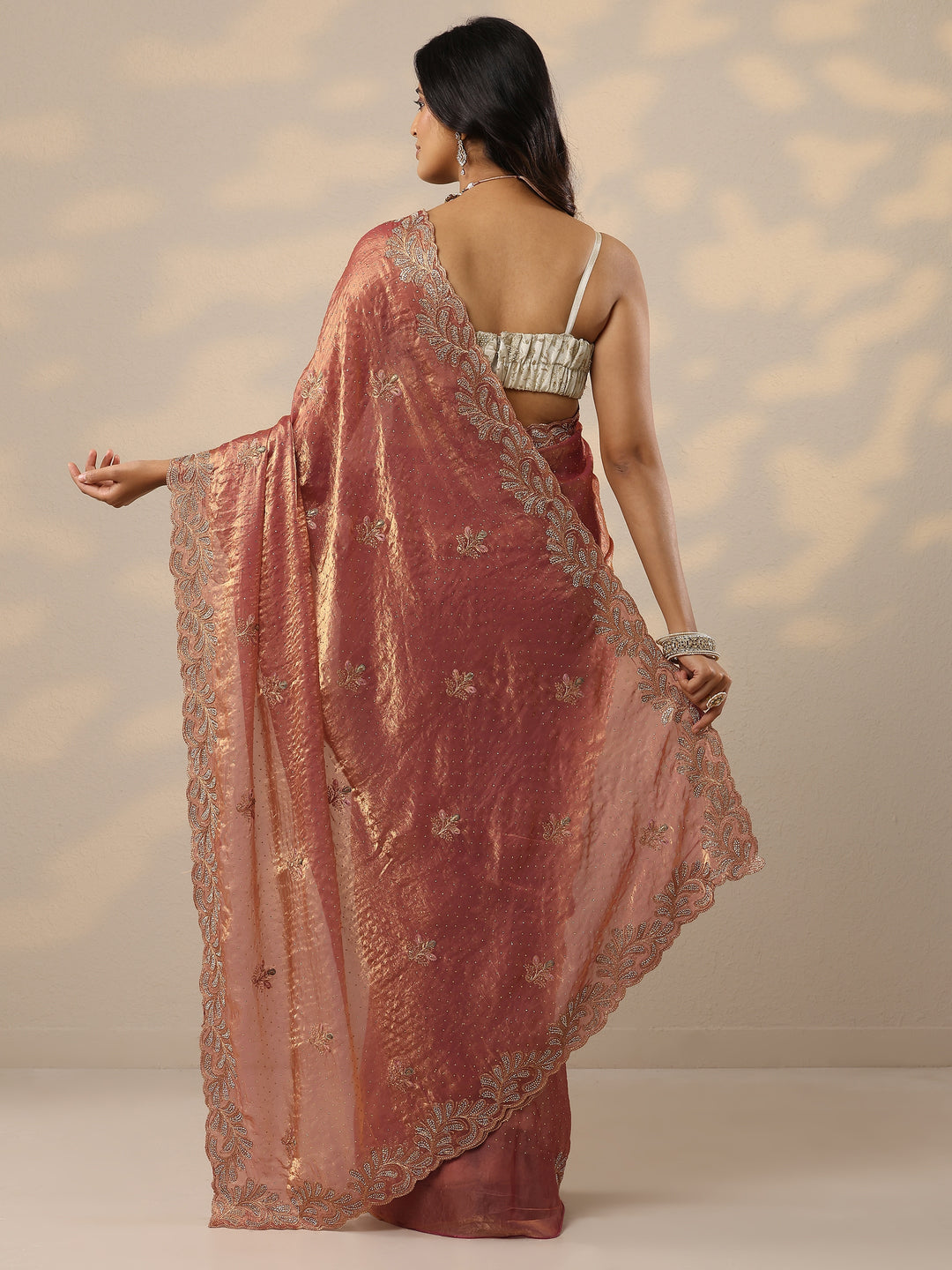 Peach Embellished Organza Sarees With Unstitched Blouse Piece