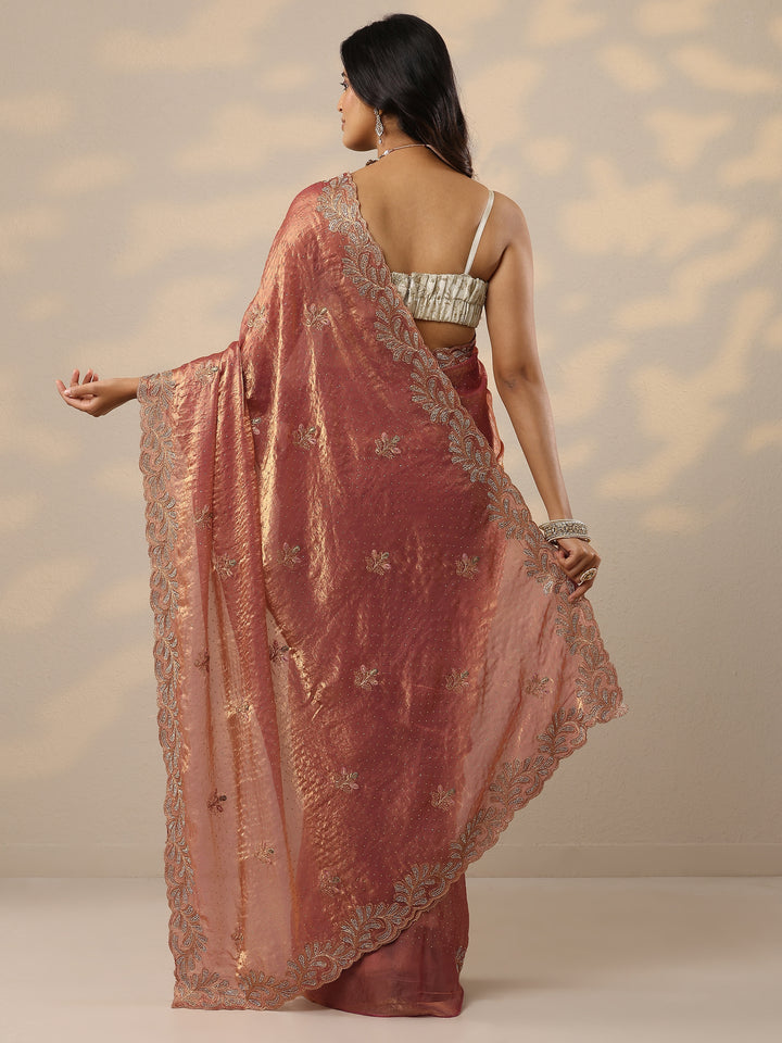 Peach Embellished Organza Sarees With Unstitched Blouse Piece