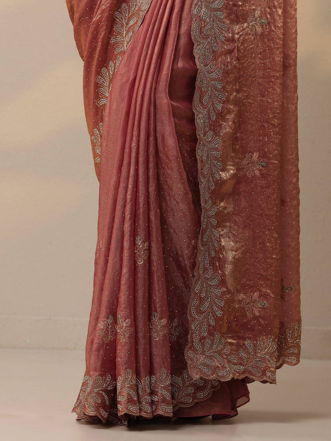 Peach Embellished Organza Sarees With Unstitched Blouse Piece