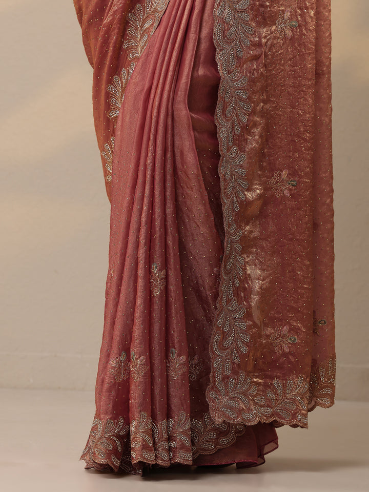 Peach Embellished Organza Sarees With Unstitched Blouse Piece