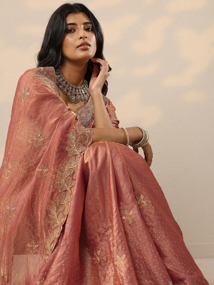 Peach Embellished Organza Sarees With Unstitched Blouse Piece