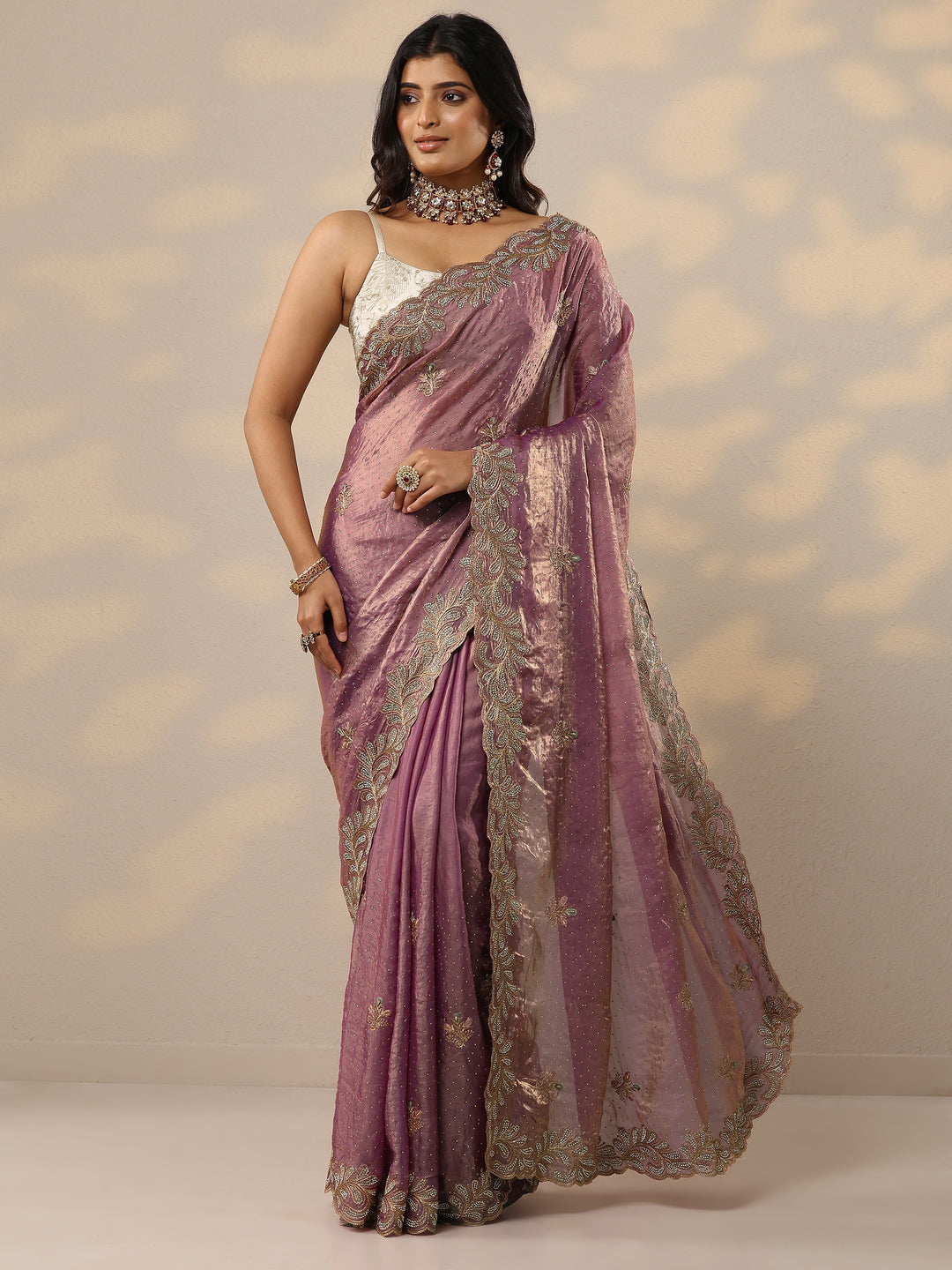Lavender Embellished Organza Sarees With Unstitched Blouse Piece