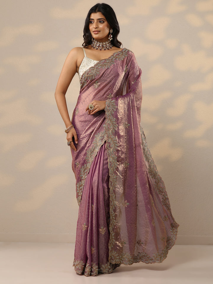 Lavender Embellished Organza Sarees With Unstitched Blouse Piece
