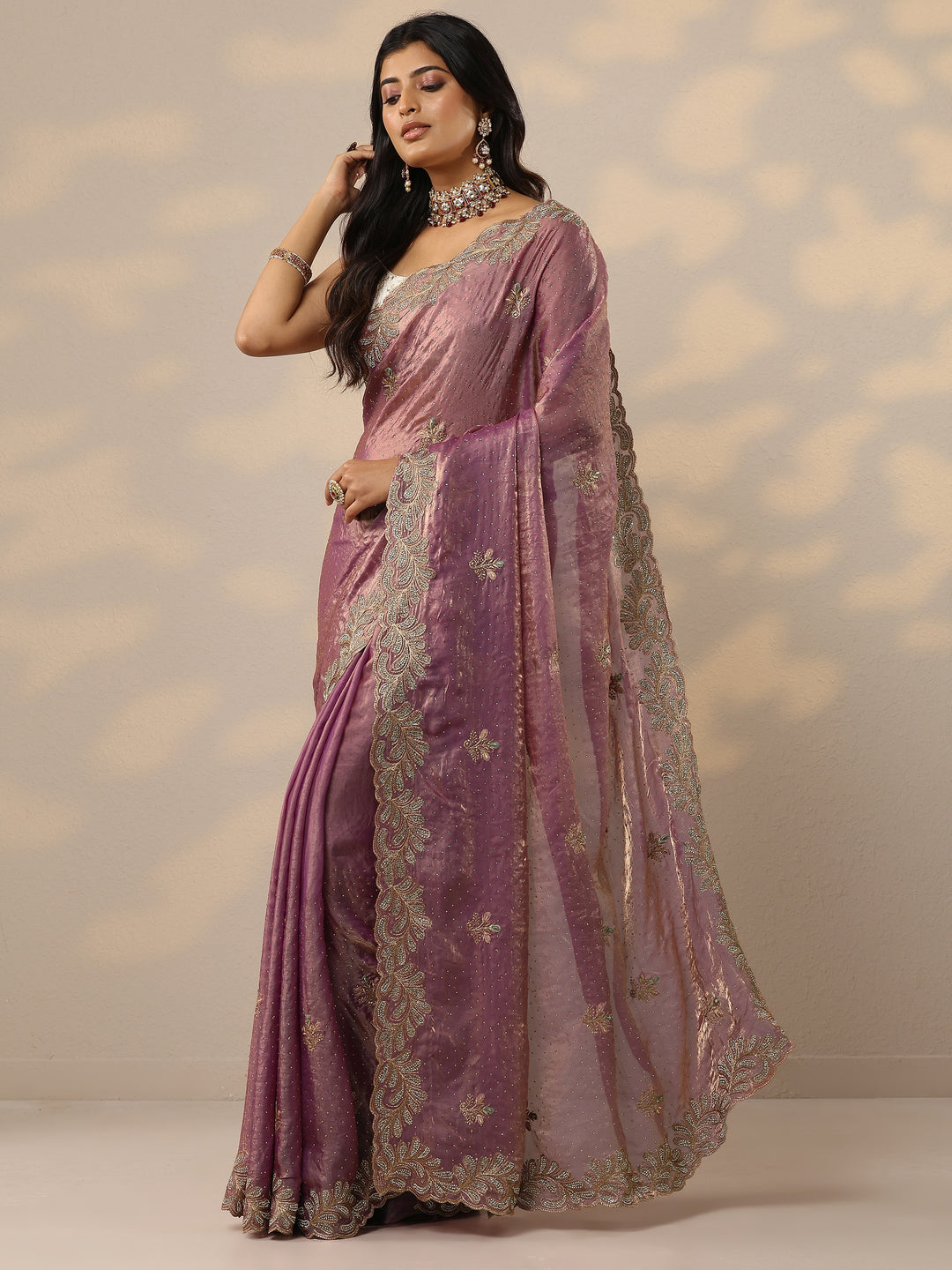 Lavender Embellished Organza Sarees With Unstitched Blouse Piece
