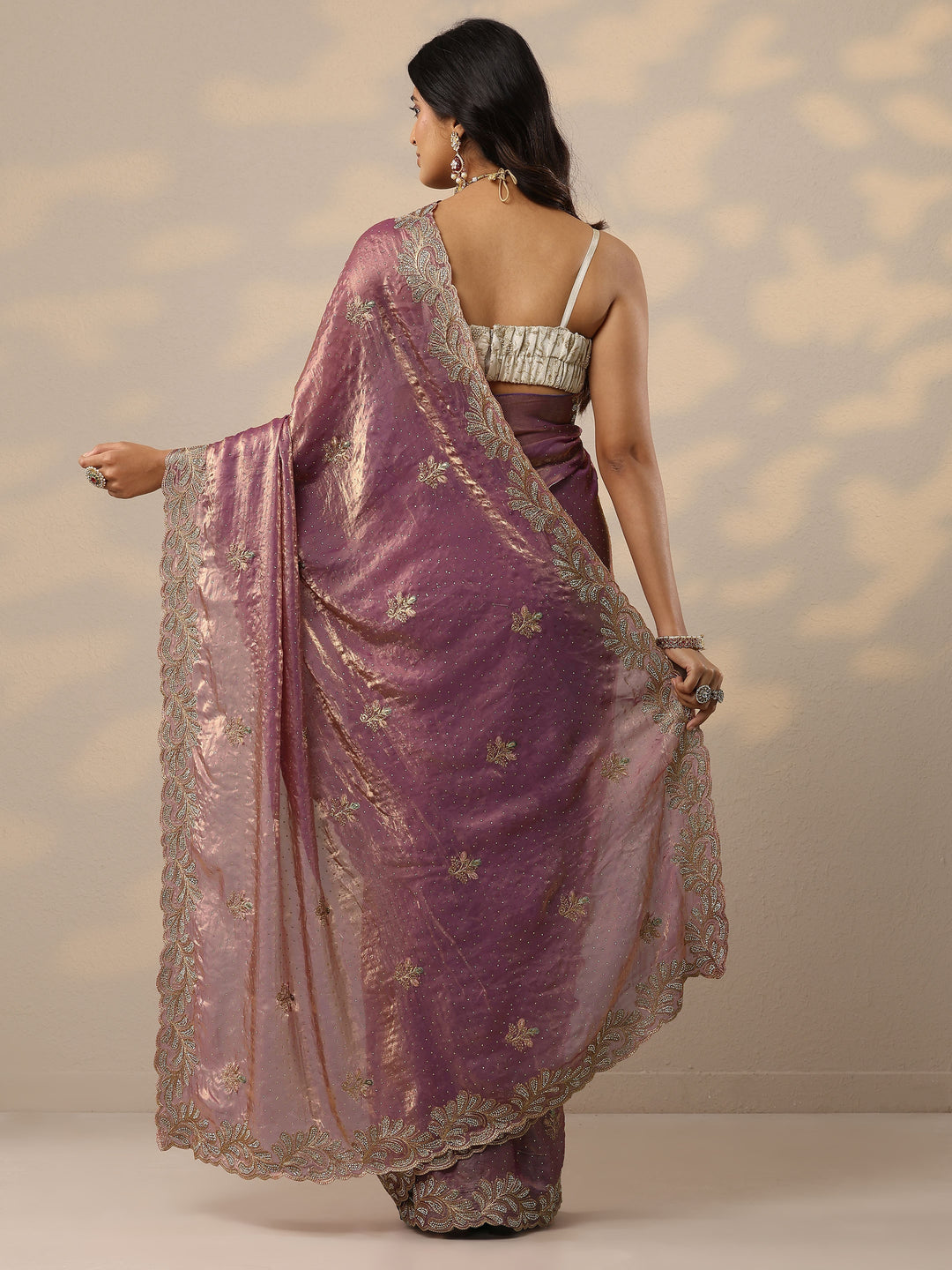 Lavender Embellished Organza Sarees With Unstitched Blouse Piece