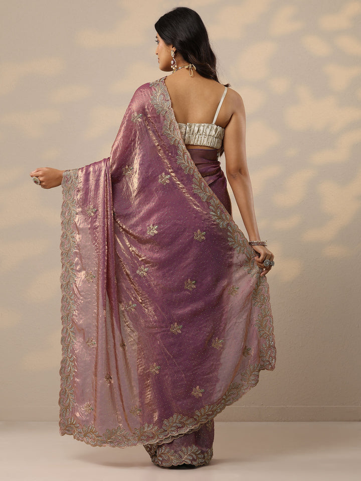 Lavender Embellished Organza Sarees With Unstitched Blouse Piece