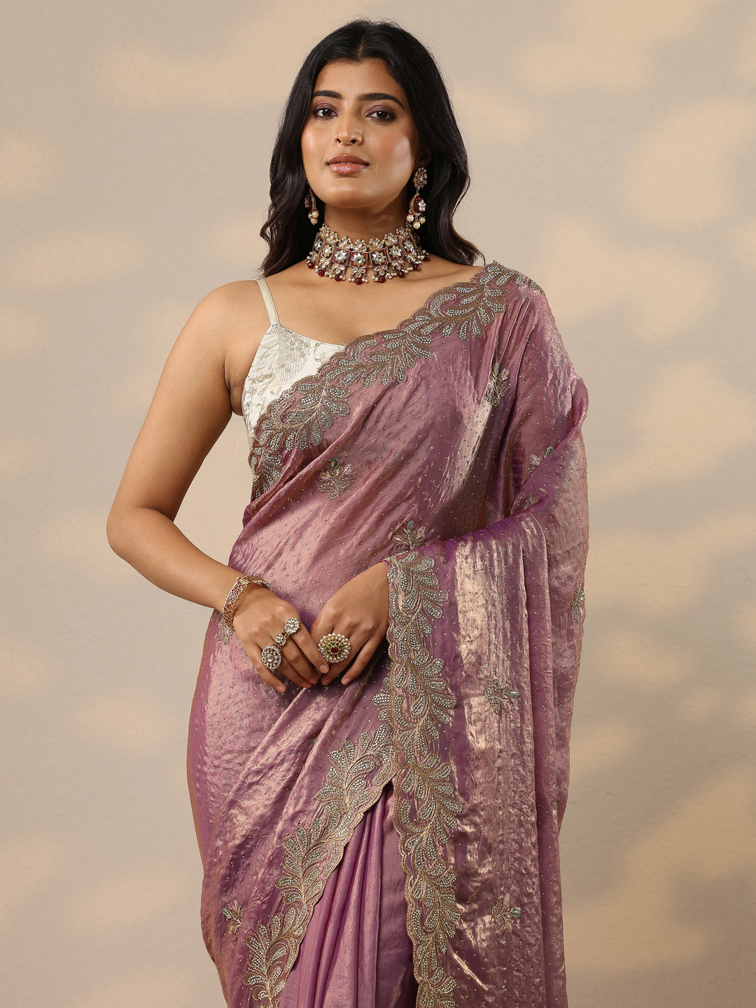 Lavender Embellished Organza Sarees With Unstitched Blouse Piece