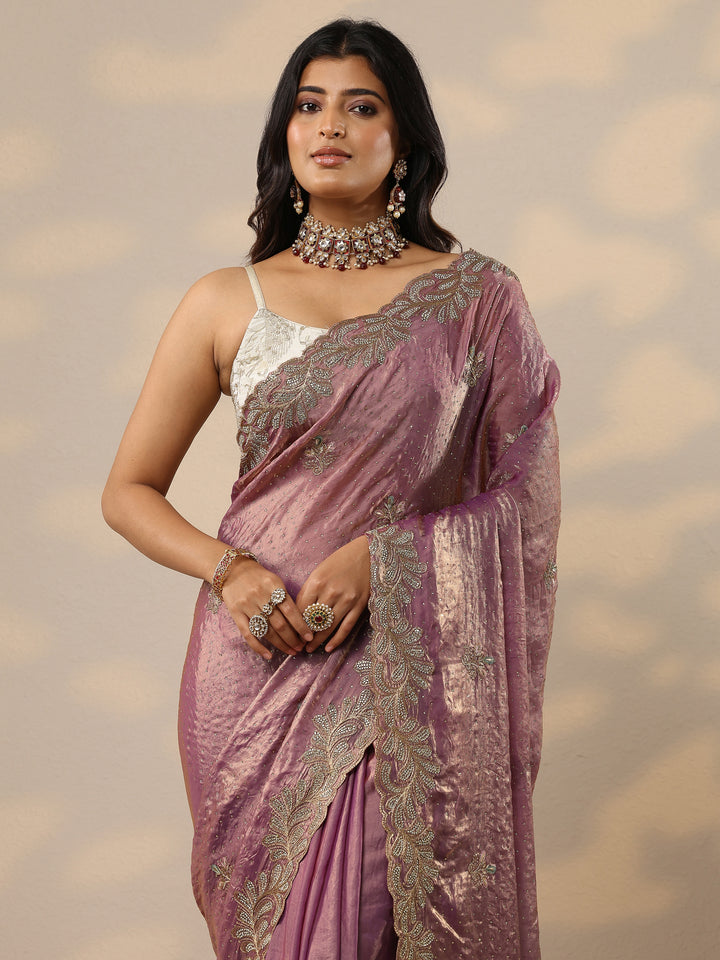 Lavender Embellished Organza Sarees With Unstitched Blouse Piece
