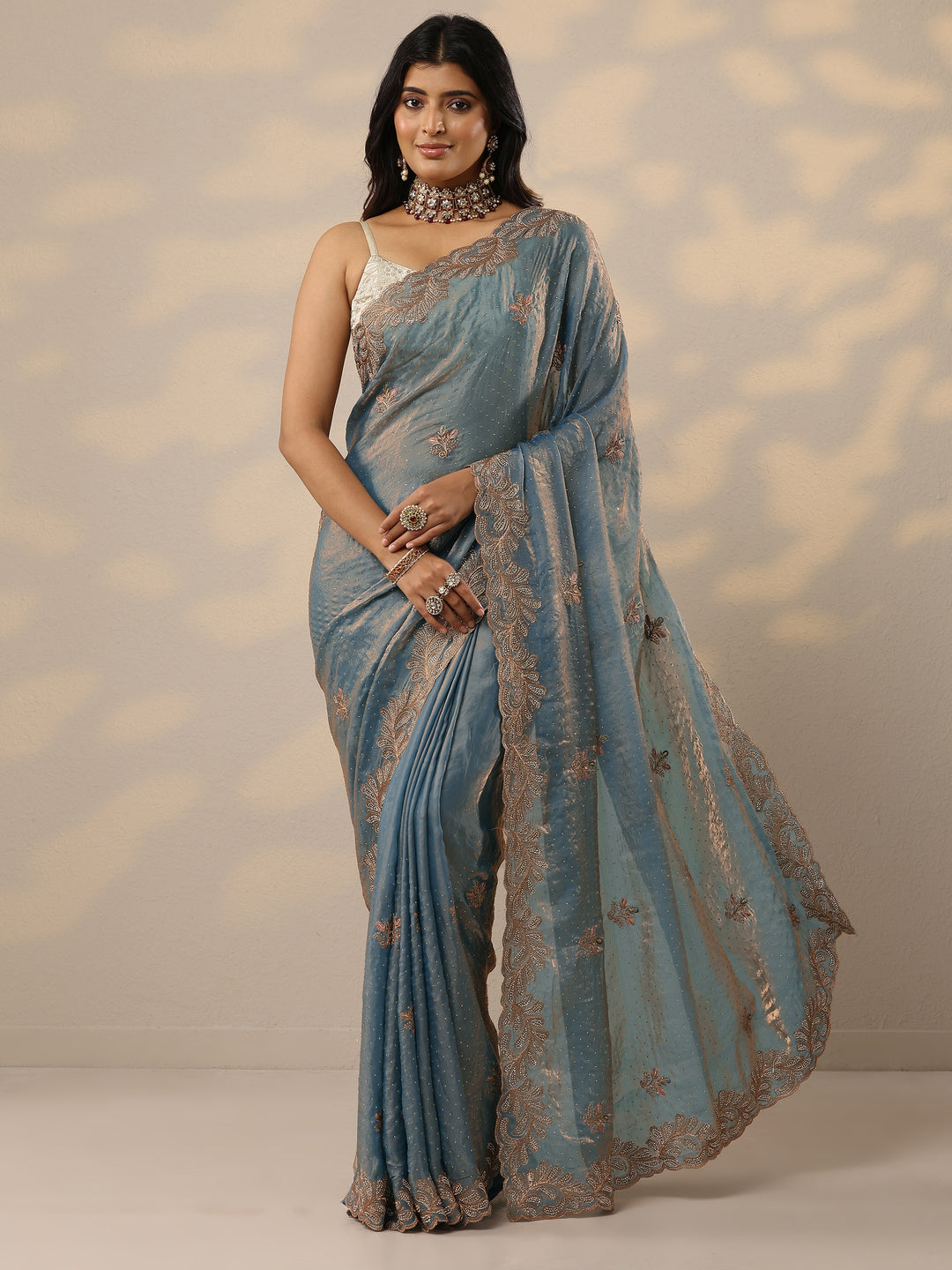 Blue Embellished Organza Sarees With Unstitched Blouse Piece