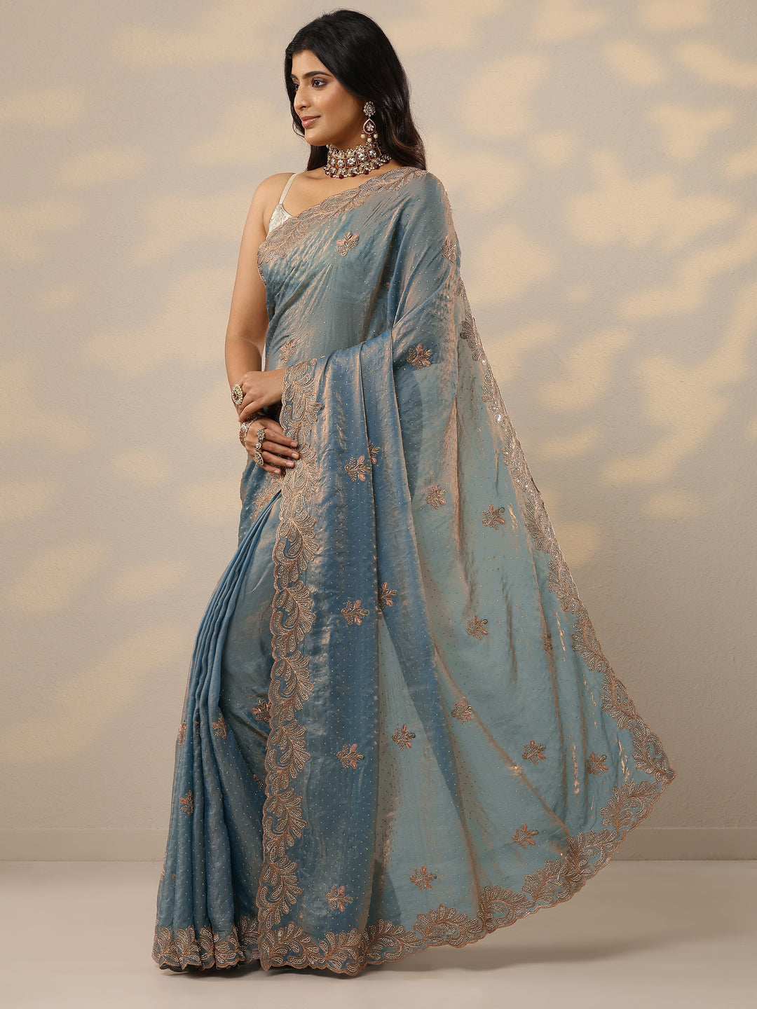 Blue Embellished Organza Sarees With Unstitched Blouse Piece