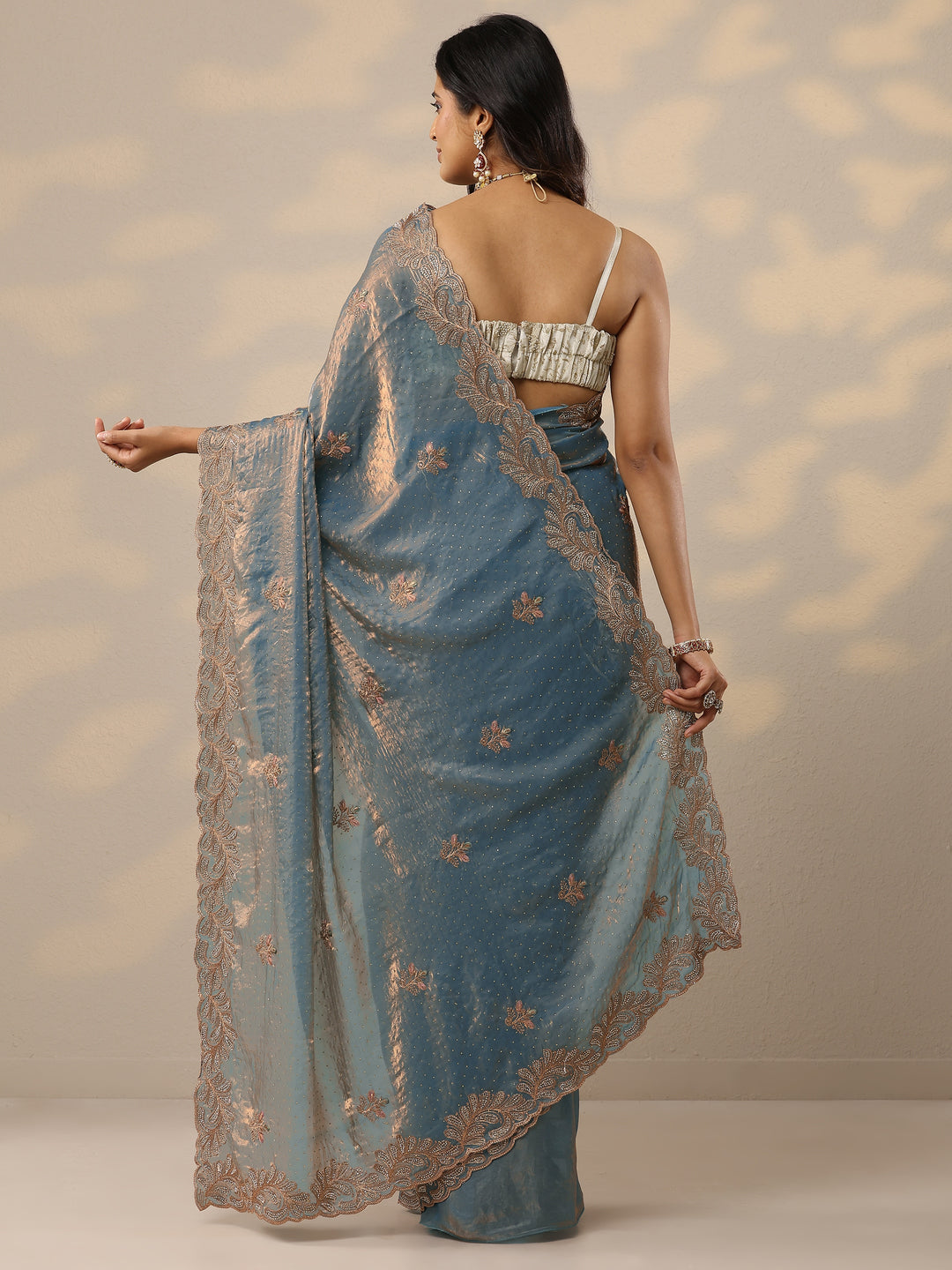 Blue Embellished Organza Sarees With Unstitched Blouse Piece