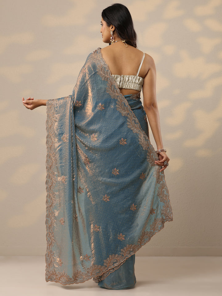 Blue Embellished Organza Sarees With Unstitched Blouse Piece