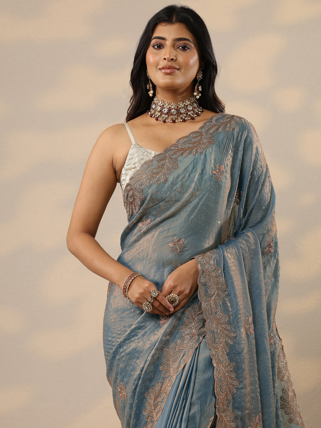 Blue Embellished Organza Sarees With Unstitched Blouse Piece
