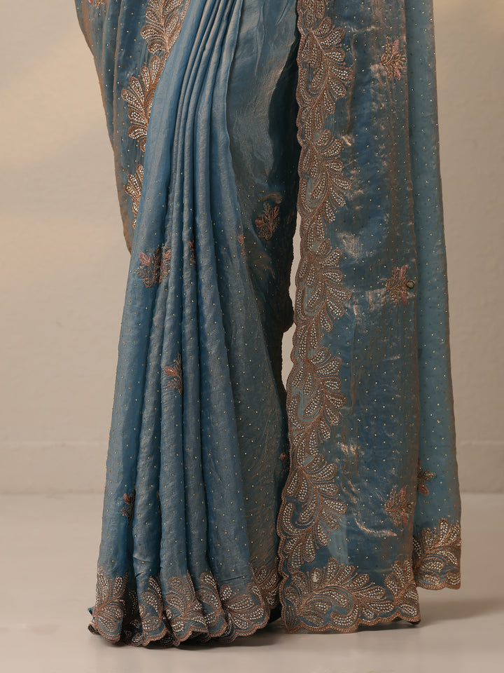 Blue Embellished Organza Sarees With Unstitched Blouse Piece