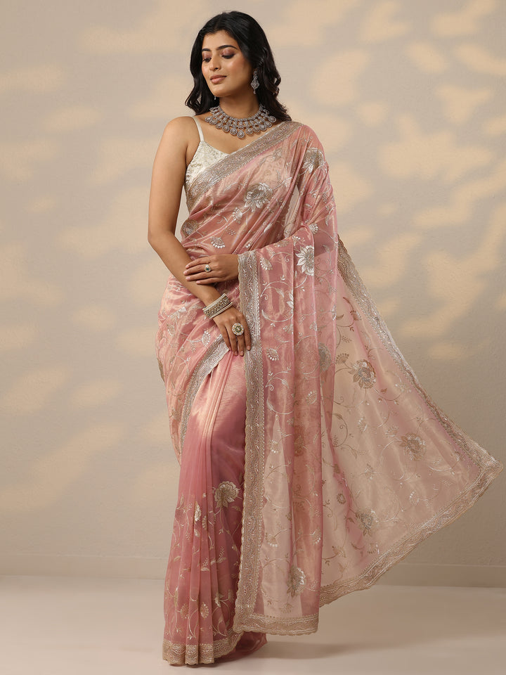 Pink Embroidered Nylon Sarees With Unstitched Blouse Piece