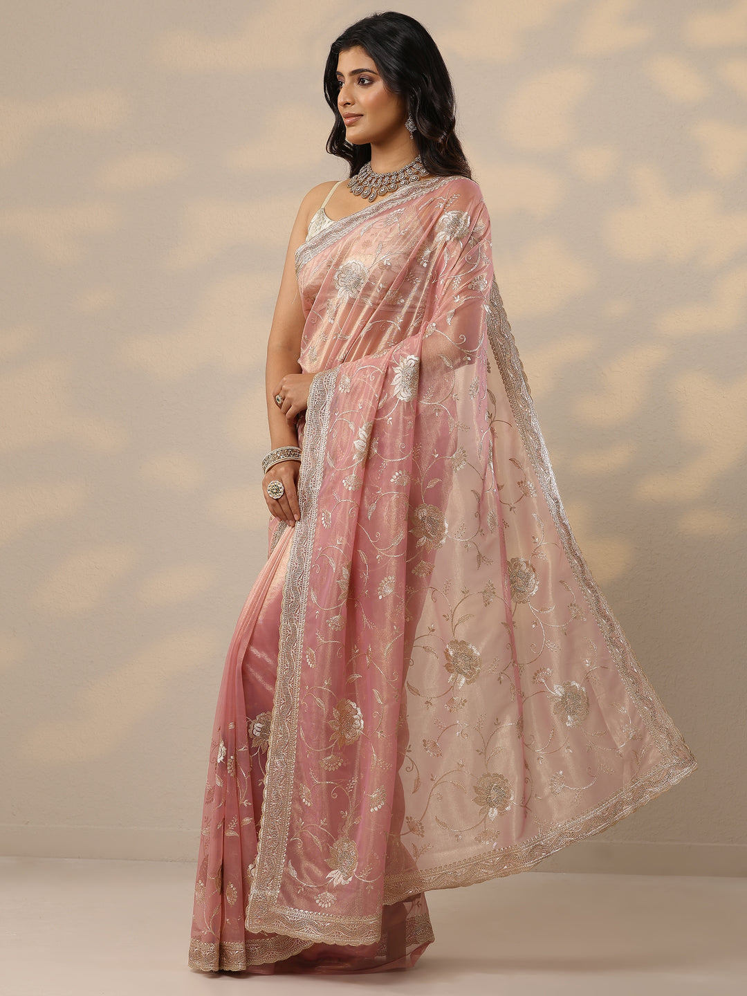 Pink Embroidered Nylon Sarees With Unstitched Blouse Piece