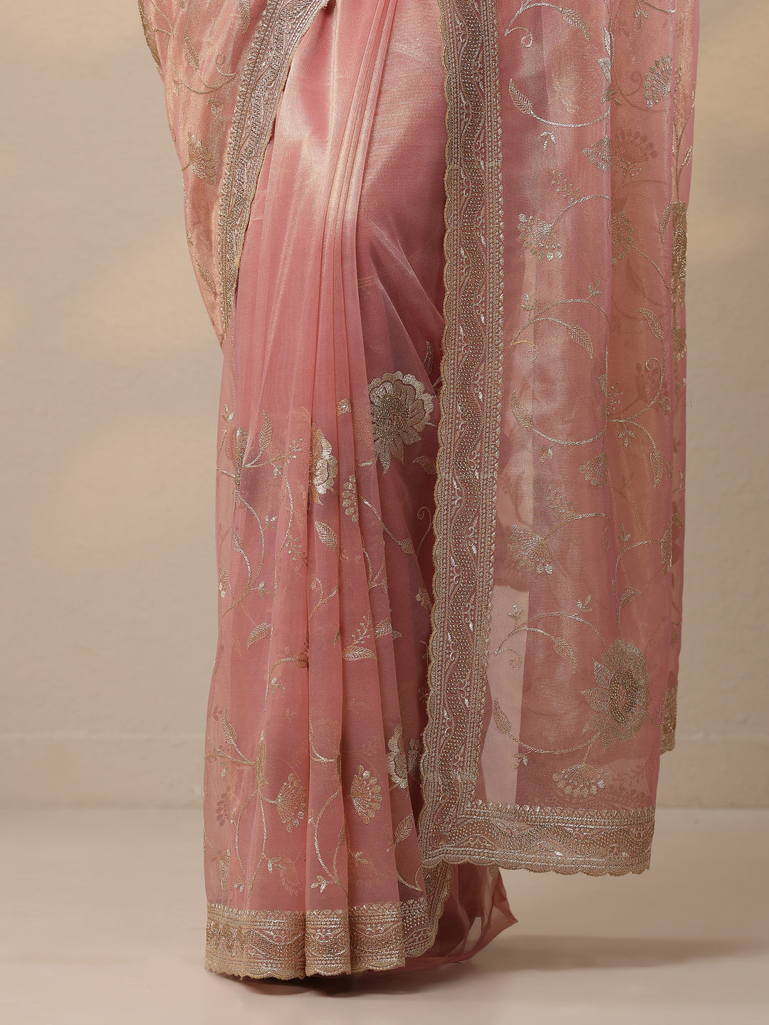 Pink Embroidered Nylon Sarees With Unstitched Blouse Piece