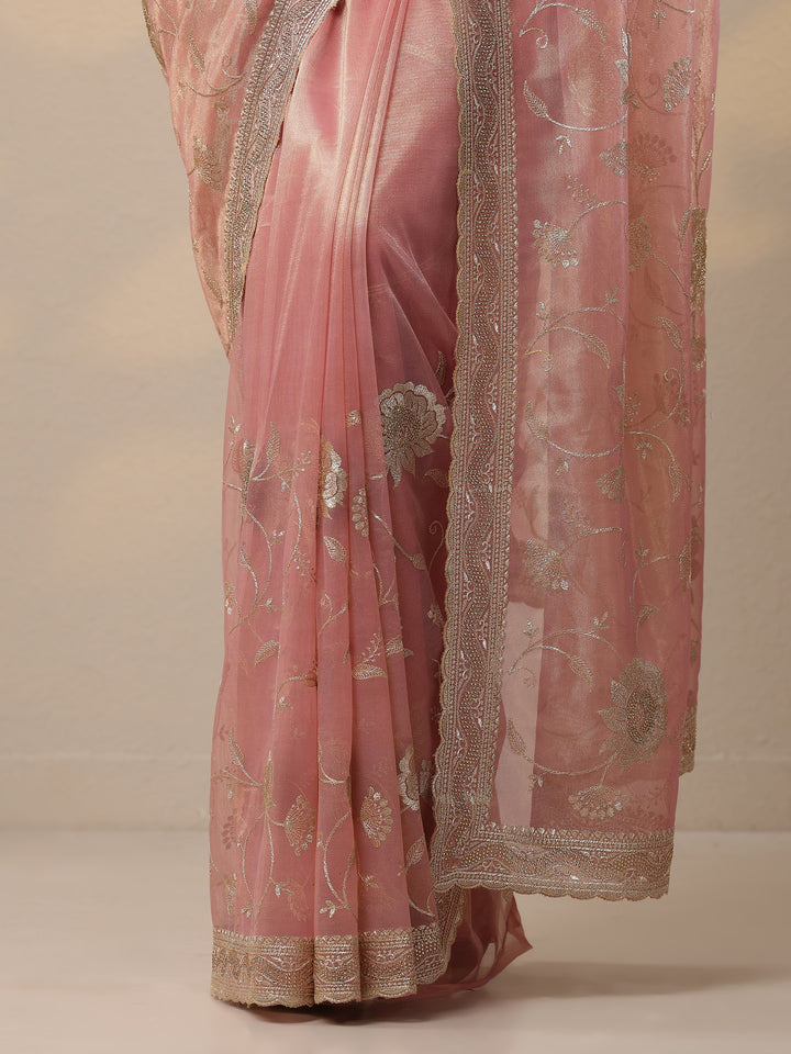 Pink Embroidered Nylon Sarees With Unstitched Blouse Piece