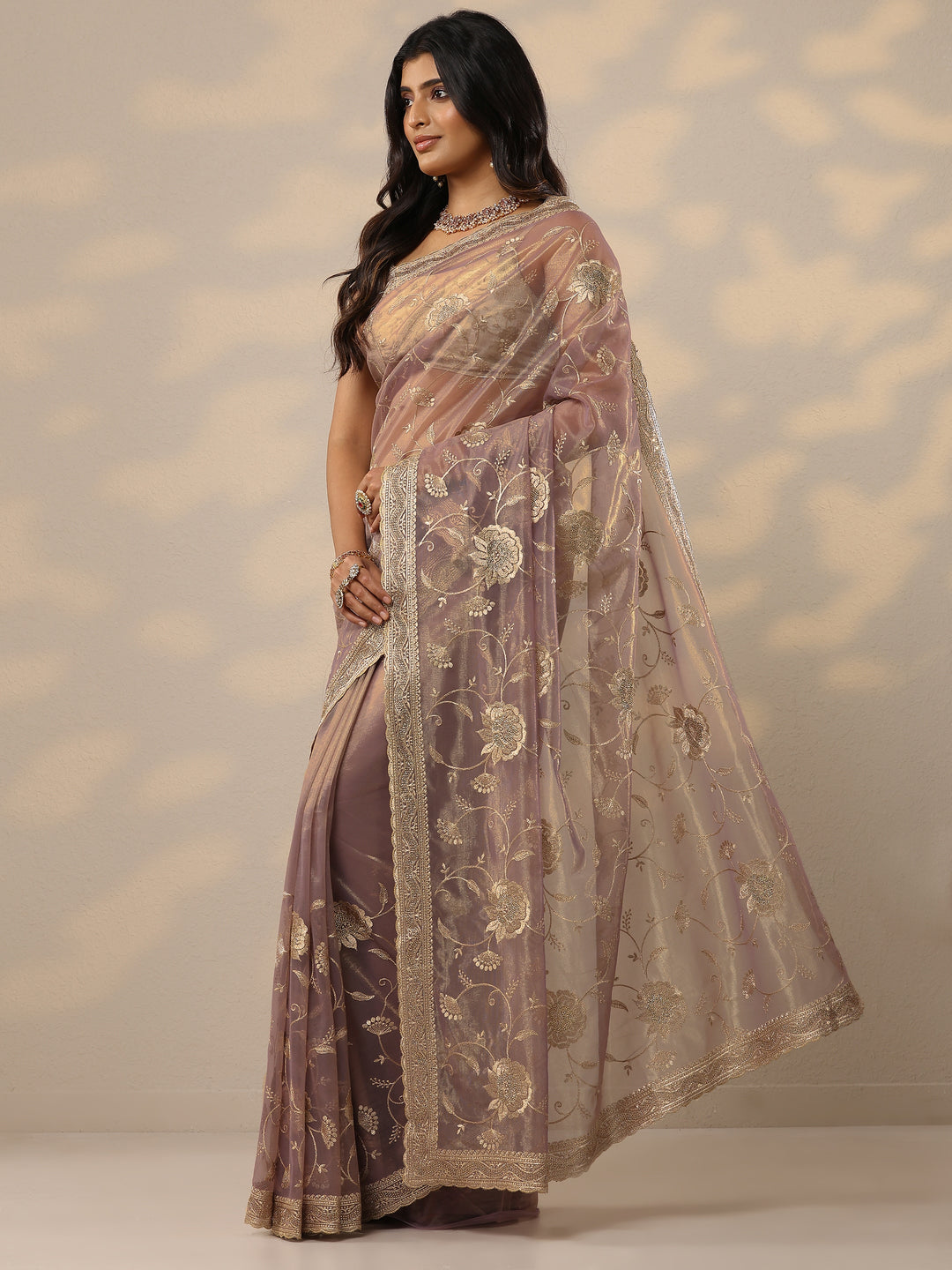 Mauve Embroidered Nylon Sarees With Unstitched Blouse Piece
