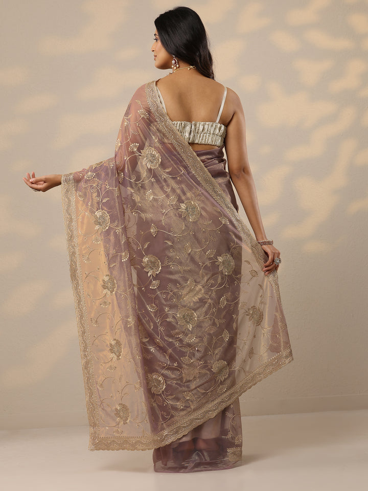 Mauve Embroidered Nylon Sarees With Unstitched Blouse Piece
