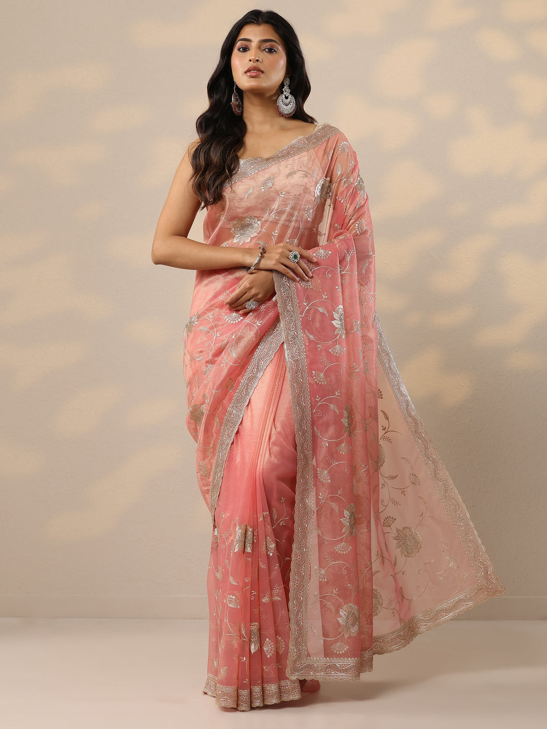 Coral Embroidered Nylon Sarees With Unstitched Blouse Piece