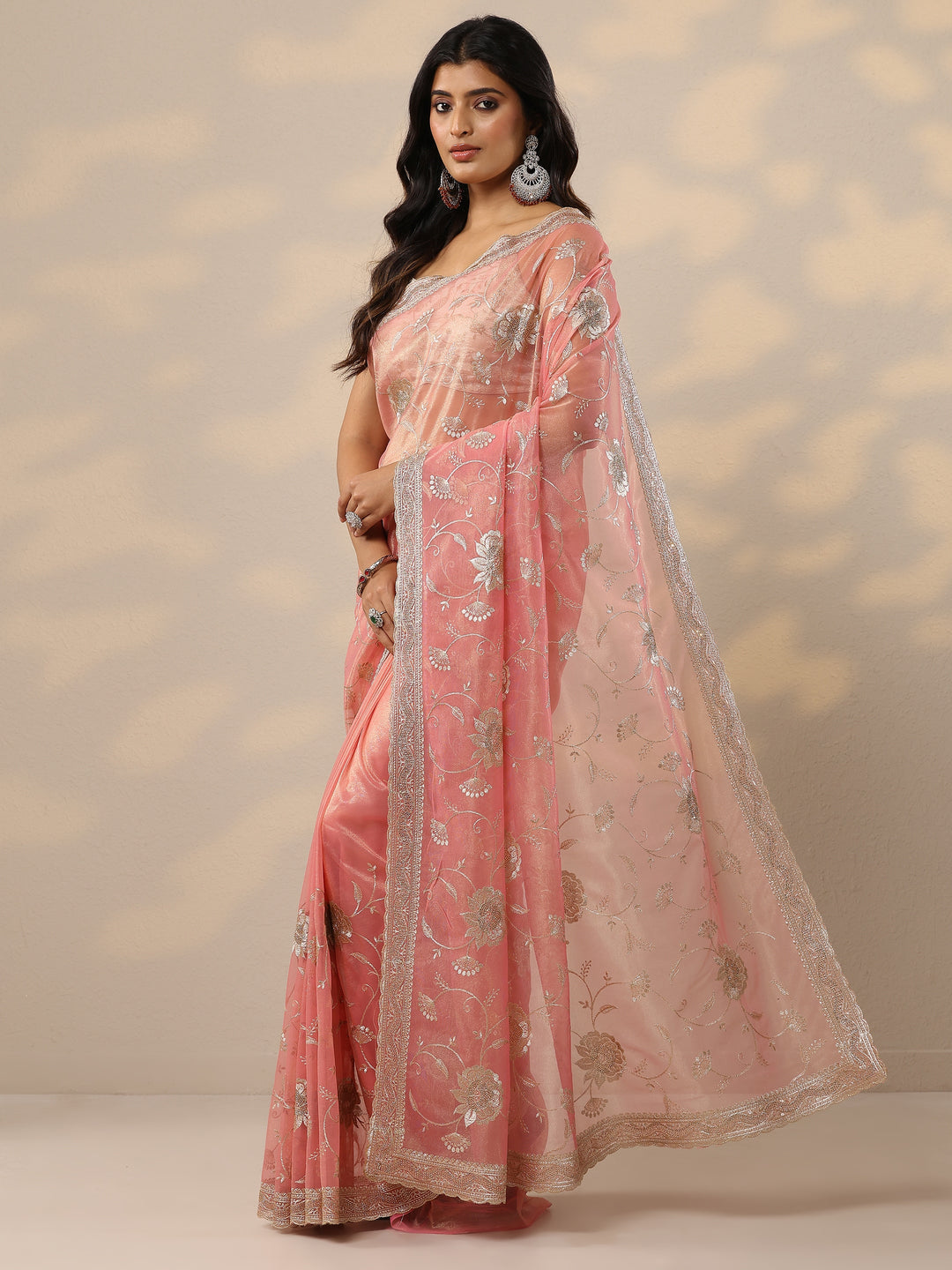Coral Embroidered Nylon Sarees With Unstitched Blouse Piece