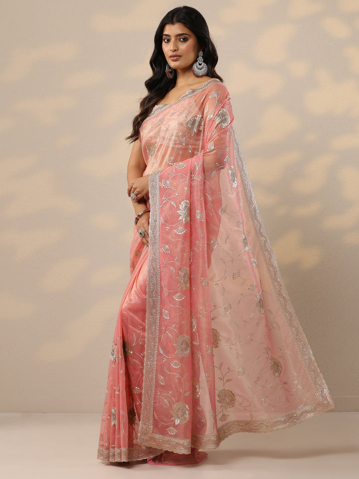 Coral Embroidered Nylon Sarees With Unstitched Blouse Piece