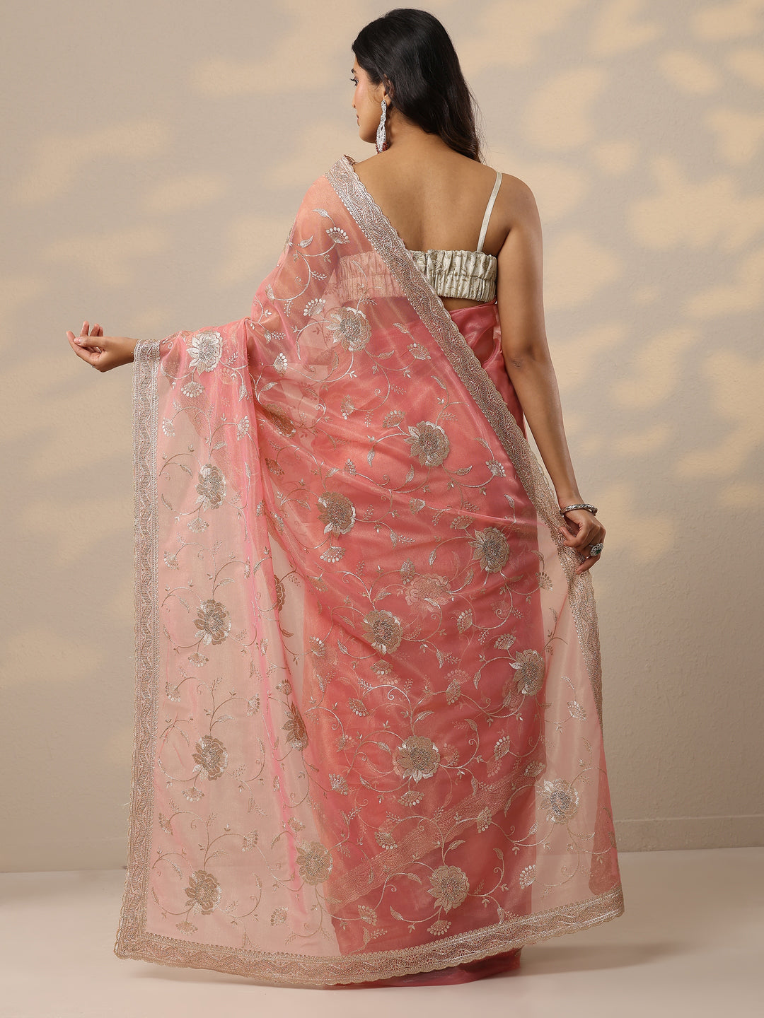 Coral Embroidered Nylon Sarees With Unstitched Blouse Piece